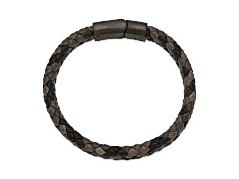 Brown Leather and Stainless Steel Brushed Gun Metal IP-plated 8.25-inch Bracelet