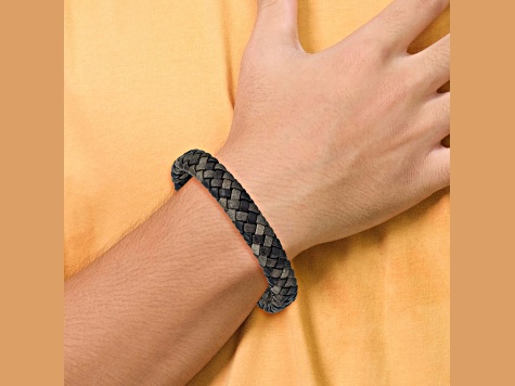 Brown Leather and Stainless Steel Brushed Gun Metal IP-plated 8.25-inch Bracelet