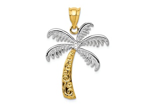 14k Yellow Gold and Rhodium Over 14k Yellow Gold Textured Palm Tree Pendant with Diamond