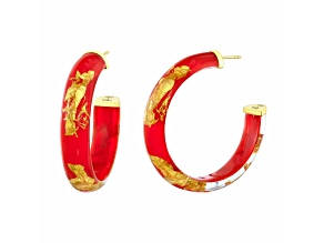 14K Yellow Gold Over Sterling Silver with Gold Leaf Faceted Lucite J-Hoops in Red