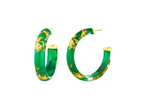 14K Yellow Gold Over Sterling Silver with Gold Leaf Faceted Lucite J-Hoops in Green