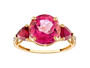 10K Yellow Gold Round Pink Topaz, Ruby, and Diamond Ring 4.82ctw