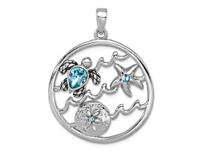 Rhodium Over Sterling Silver Antiqued Round Crystal Sealife Pendant