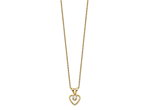 10k Yellow Gold Children's 0.15 cttw White Zircon Birthstone Heart Pendant with 15 Inch Rope Chain