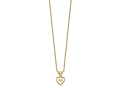 10k Yellow Gold Children's Opal Birthstone Heart Pendant Rope with 15 Inch Rope Chain