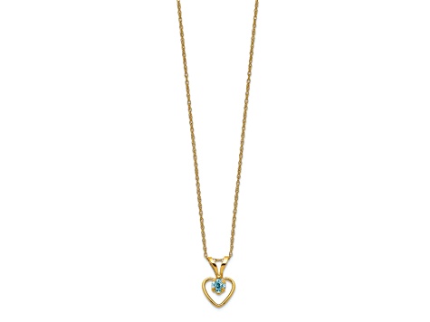 10k Yellow Gold Children's 0.11 cttw Blue Zircon Birthstone Heart Pendant with 15 Inch Rope Chain