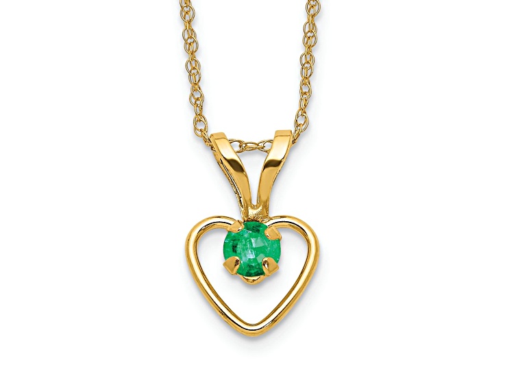 10k Yellow Gold Children's 0.11 cttw Emerald Birthstone Heart Pendant with 15 Inch Rope Chain