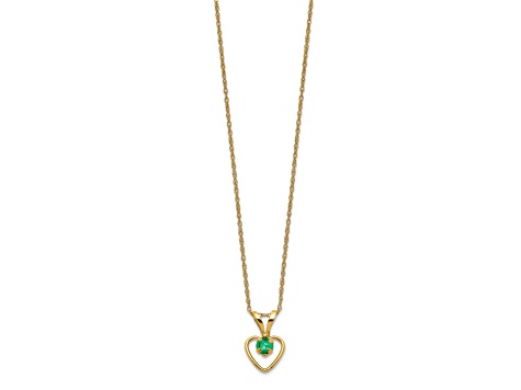 10k Yellow Gold Children's 0.11 cttw Emerald Birthstone Heart Pendant with 15 Inch Rope Chain