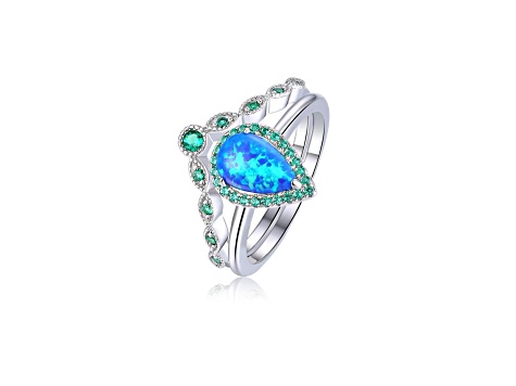 Lab Created Blue Opal and Green Nanocrystal Rhodium Over Sterling Silver Halo Ring and Band Set