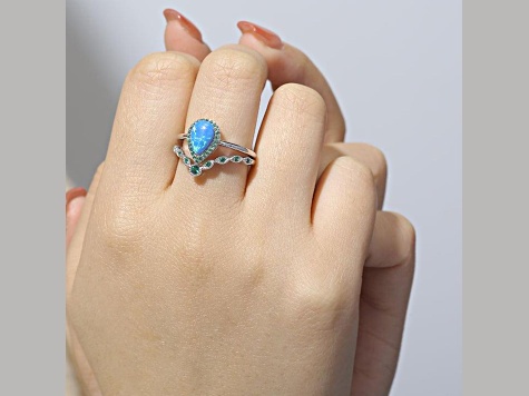 Lab Created Blue Opal and Green Nanocrystal Rhodium Over Sterling Silver Halo Ring and Band Set