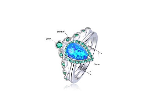 Lab Created Blue Opal and Green Nanocrystal Rhodium Over Sterling Silver Halo Ring and Band Set