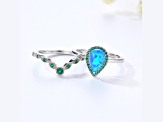 Lab Created Blue Opal and Green Nanocrystal Rhodium Over Sterling Silver Halo Ring and Band Set