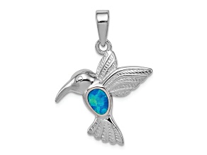 Rhodium Over Sterling Silver Lab Created Opal Inlay Hummingbird Pendant