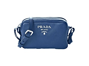 Prada Vitello Phenix Blue Leather Silver Logo Small Camera Crossbody Bag