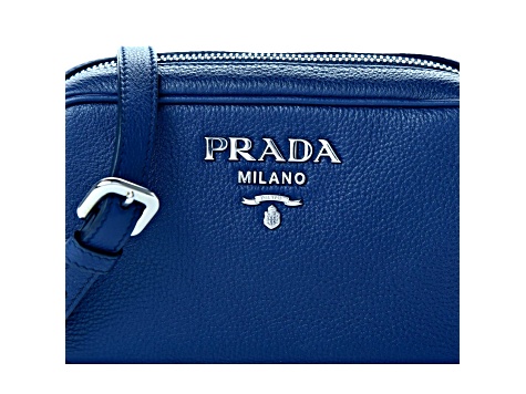 Prada Vitello Phenix Blue Leather Silver Logo Small Camera Crossbody Bag