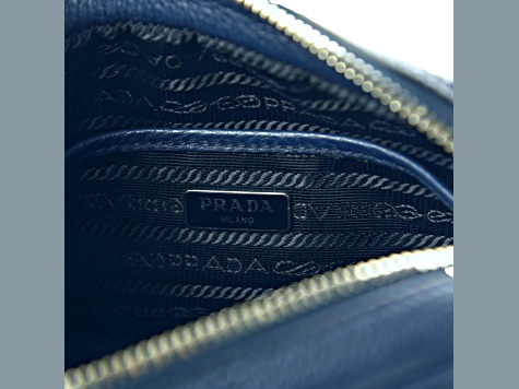 Prada Vitello Phenix Blue Leather Silver Logo Small Camera Crossbody Bag