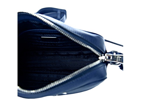 Prada Vitello Phenix Blue Leather Silver Logo Small Camera Crossbody Bag