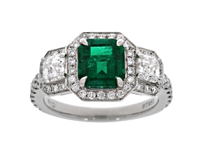 Green Emerald and White Diamond Platinum Ring. 3.13 CTW