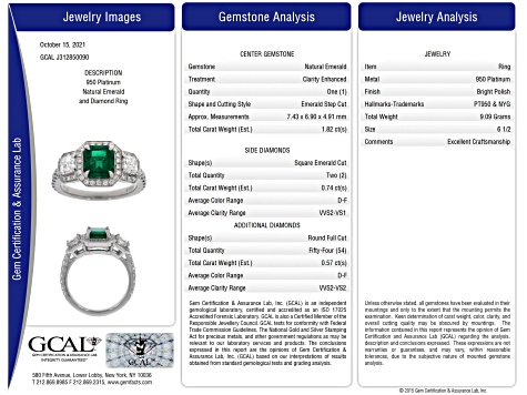 Green Emerald and White Diamond Platinum Ring. 3.13 CTW