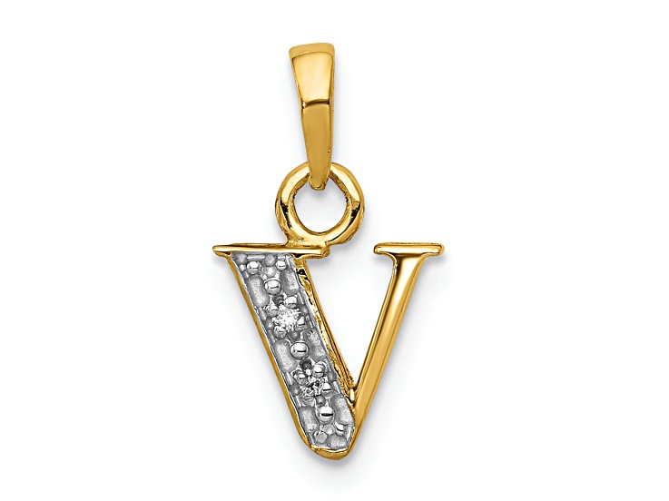 10k Yellow Gold and Rhodium Over 10k Yellow Gold Accent Diamond Letter V Initial Pendant