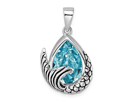 Rhodium Over Sterling Silver Polished and Antiqued Crystal Mermaid Tail Pendant