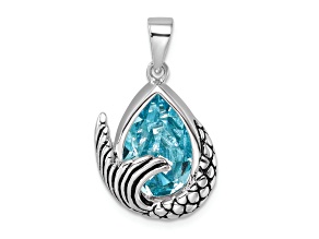 Rhodium Over Sterling Silver Polished and Antiqued Crystal Mermaid Tail Pendant