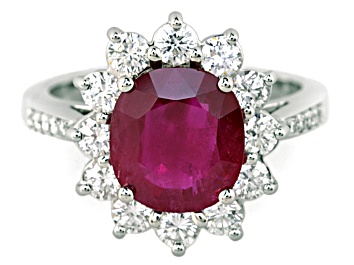 Picture of Oval Red Ruby and White Diamond Platinum Ring. 3.48 CTW
