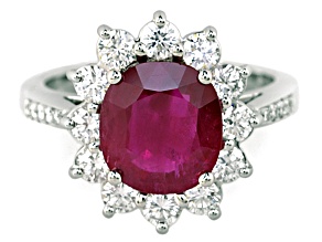 Oval Red Ruby and White Diamond Platinum Ring. 3.48 CTW