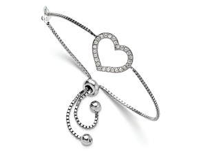 Rhodium Over Sterling Silver Polished Cubic Zirconia Open Heart Adjustable Bracelet