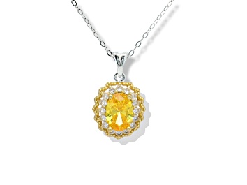 Picture of Rhodium Over Sterling Silver Oval Citrine and White Sapphire Halo Pendant with Chain