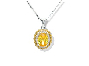 Rhodium Over Sterling Silver Oval Citrine and White Sapphire Halo Pendant with Chain