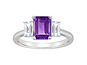 8x6mm Emerald Cut Amethyst And White Topaz Rhodium Over Sterling Silver 3-Stone Ring