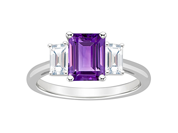 8x6mm Emerald Cut Amethyst And White Topaz Rhodium Over Sterling Silver 3-Stone Ring