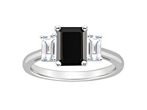8x6mm Emerald Cut Black Onyx And White Topaz Rhodium Over Sterling Silver 3-Stone Ring