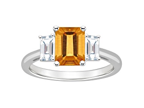 8x6mm Emerald Cut Citrine And White Topaz Rhodium Over Sterling Silver 3-Stone Ring
