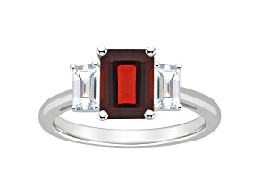 8x6mm Emerald Cut Garnet And White Topaz Rhodium Over Sterling Silver 3-Stone Ring