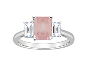 8x6mm Emerald Cut Rose Quartz And White Topaz Rhodium Over Sterling Silver 3-Stone Ring