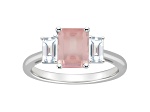 8x6mm Emerald Cut Rose Quartz And White Topaz Rhodium Over Sterling Silver 3-Stone Ring