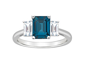 8x6mm Emerald Cut London Blue Topaz And White Topaz Rhodium Over Sterling Silver 3-Stone Ring
