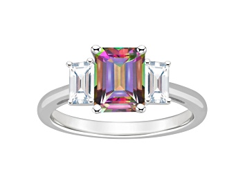 Picture of 8x6mm Emerald Cut Mystic Topaz And White Topaz Rhodium Over Sterling Silver 3-Stone Ring