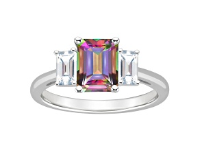 8x6mm Emerald Cut Mystic Topaz And White Topaz Rhodium Over Sterling Silver 3-Stone Ring