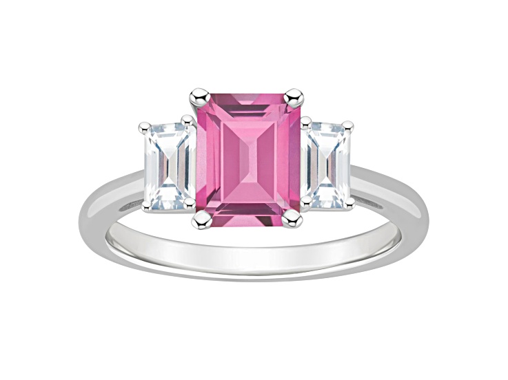 8x6mm Emerald Cut Pink Topaz And White Topaz Rhodium Over Sterling Silver 3-Stone Ring