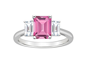 8x6mm Emerald Cut Pink Topaz And White Topaz Rhodium Over Sterling Silver 3-Stone Ring