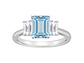 8x6mm Emerald Cut Sky Blue Topaz And White Topaz Rhodium Over Sterling Silver 3-Stone Ring