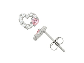 Pink And White Cubic Zirconia Rhodium Over Sterling Silver Children's Heart Earrings 0.77ctw