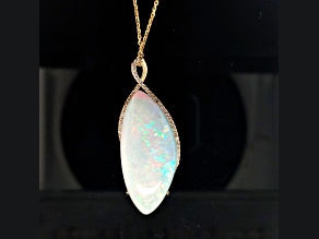 Ethiopian Opal Free Form Cabochon and Round Diamond 14K Yellow Gold Pendant with Chain, 20.53ctw