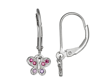 Lab Ruby And Purple Cubic Zirconia Rhodium Over Silver Children's Butterfly Earrings 0.19ctw