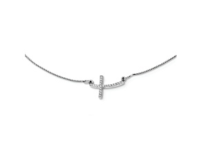 Rhodium Over 10k White Gold Cable Link Diamond Sideways Cross 18 Inch Necklace
