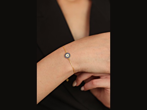 Lab Created Sapphire with Moissanite Evil Eye 14K Yellow Gold Over Sterling Silver Bracelet