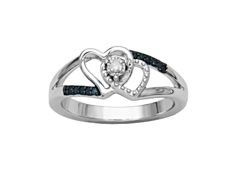 Blue And White Diamond Rhodium Over Sterling Silver Double Heart Ring